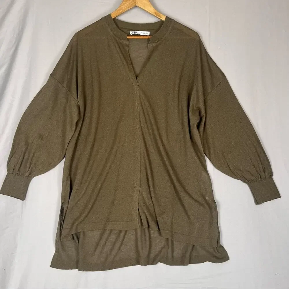 ZARA Linen Blend Oversized Shimmer Tunic Top Womens Small Olive Green Spring - Picture 12 of 12